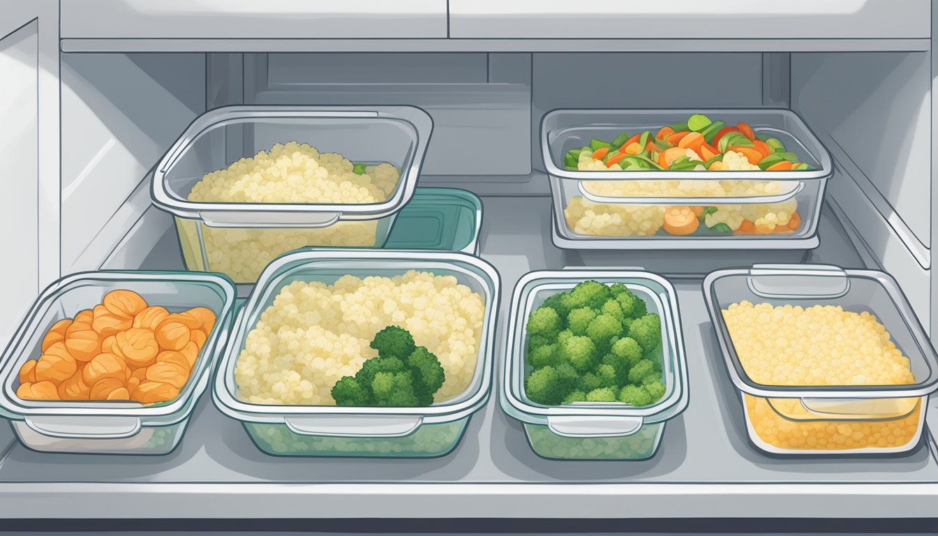 A sealed container of cauliflower rice stir fry sits in a refrigerator next to other meal prepped dishes. The container is labeled with the date it was made