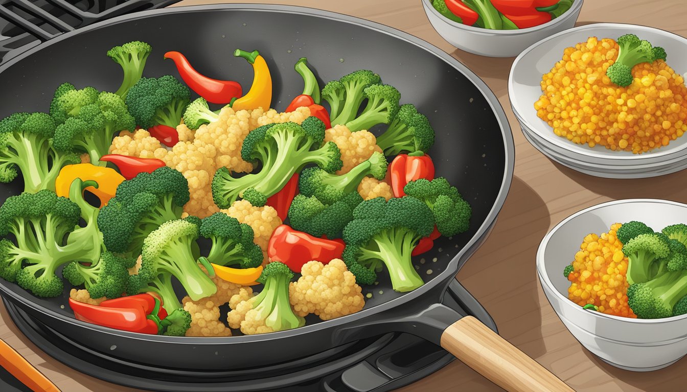 A colorful stir-fry with cauliflower rice, bell peppers, and broccoli in a sizzling skillet on a stovetop