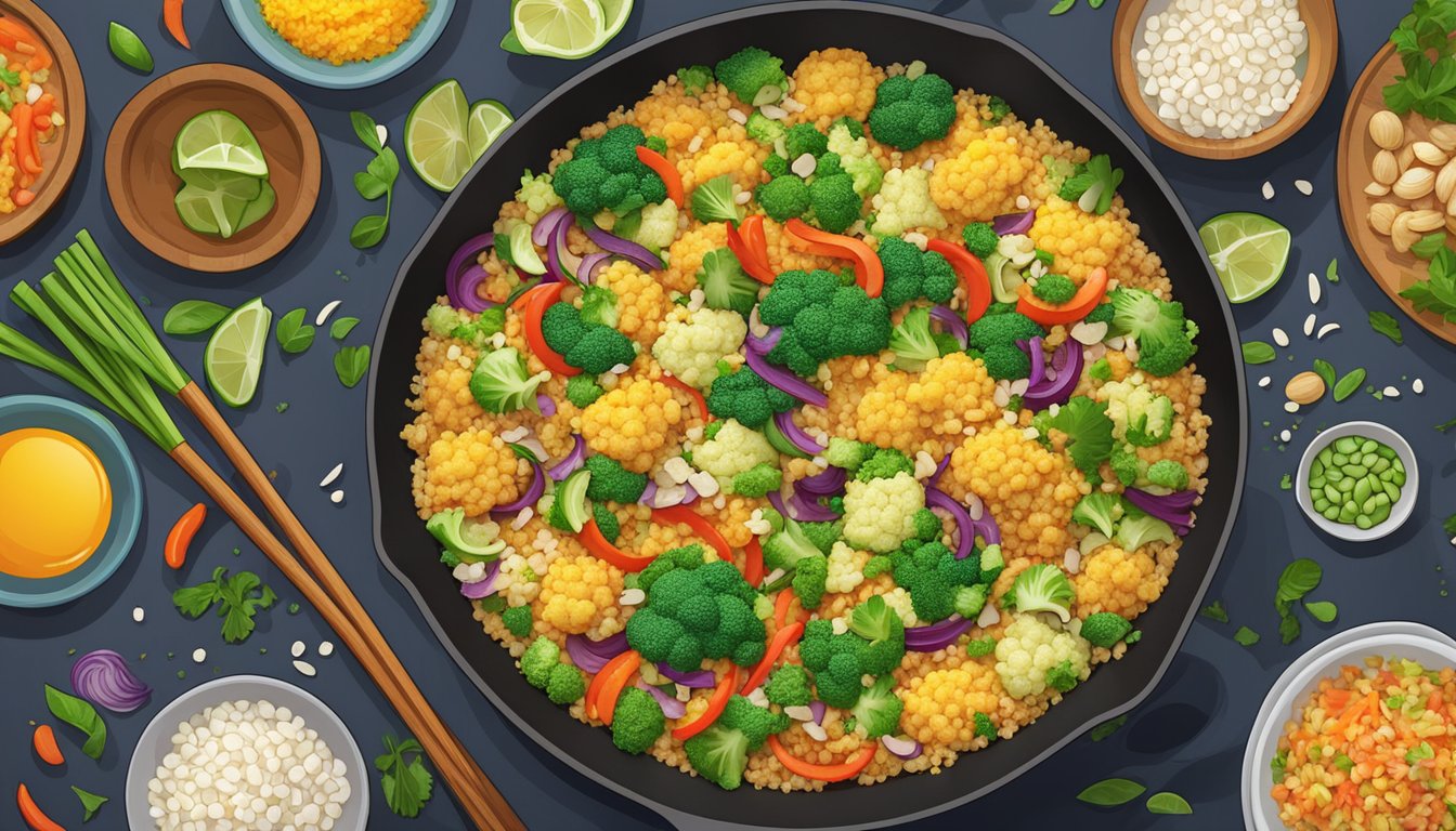 A sizzling skillet of colorful cauliflower rice stir fry with various add-ins, surrounded by a variety of recipe variations