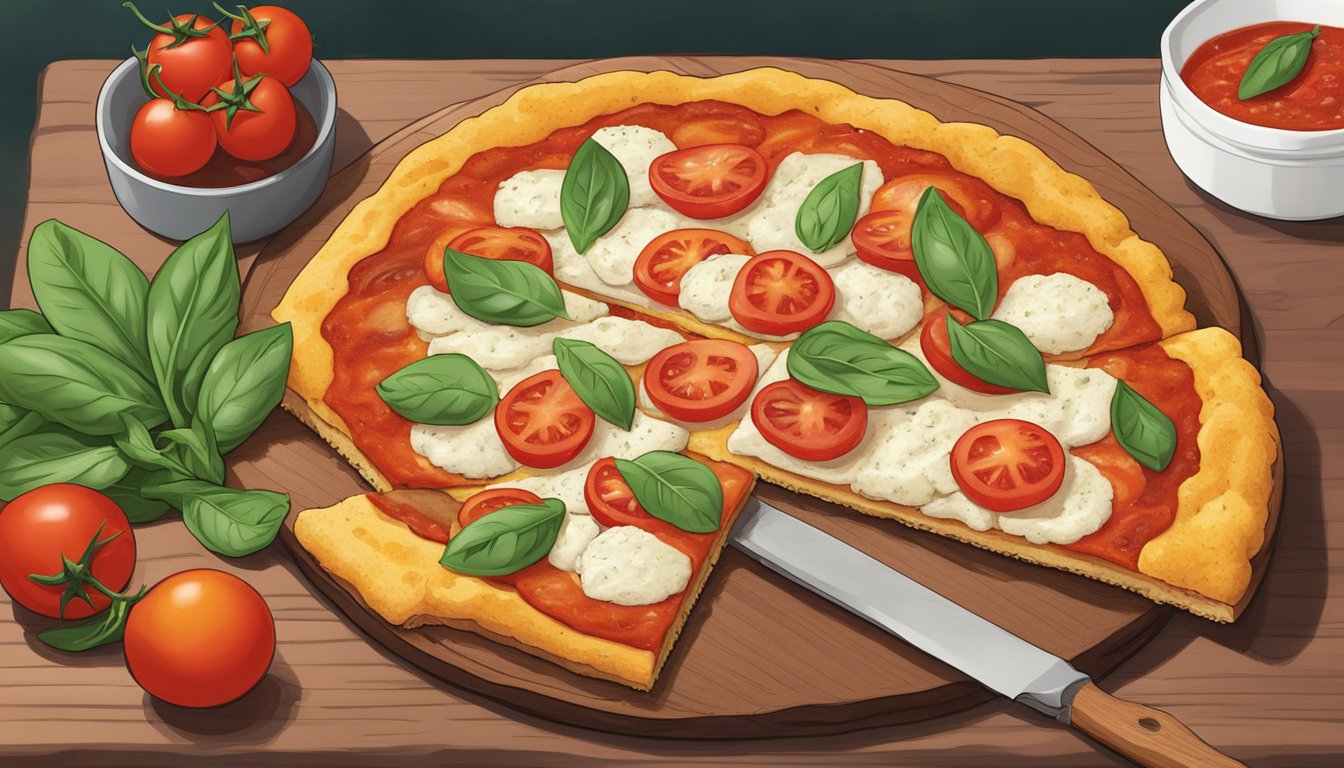 A cauliflower crust margherita pizza sits on a wooden table, surrounded by fresh basil leaves and cherry tomatoes. A slice has been taken, revealing the colorful layers of cheese, tomato sauce, and cauliflower crust