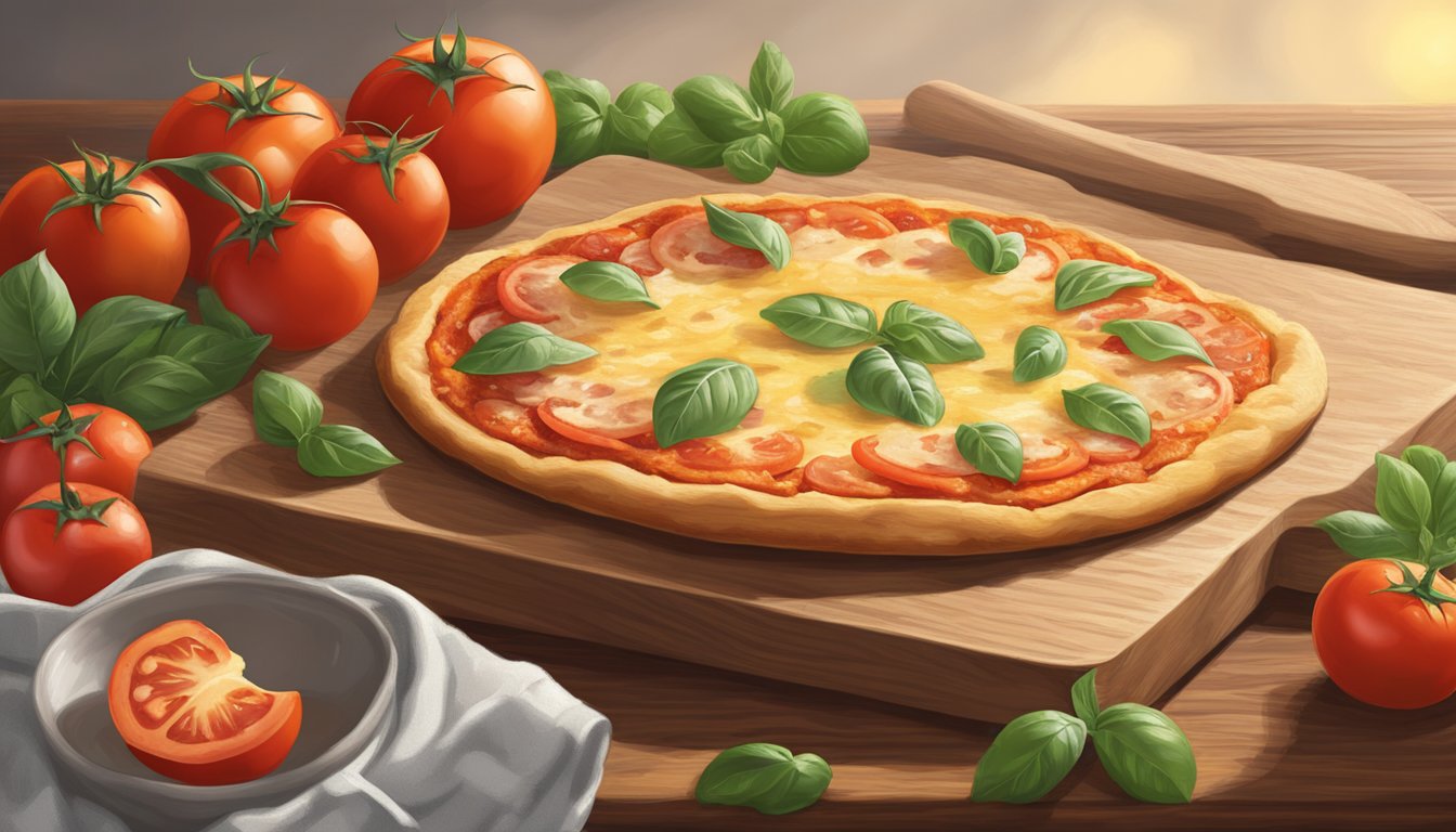 A freshly baked cauliflower crust margherita pizza sits on a wooden cutting board, steam rising from the melted cheese and vibrant tomato slices