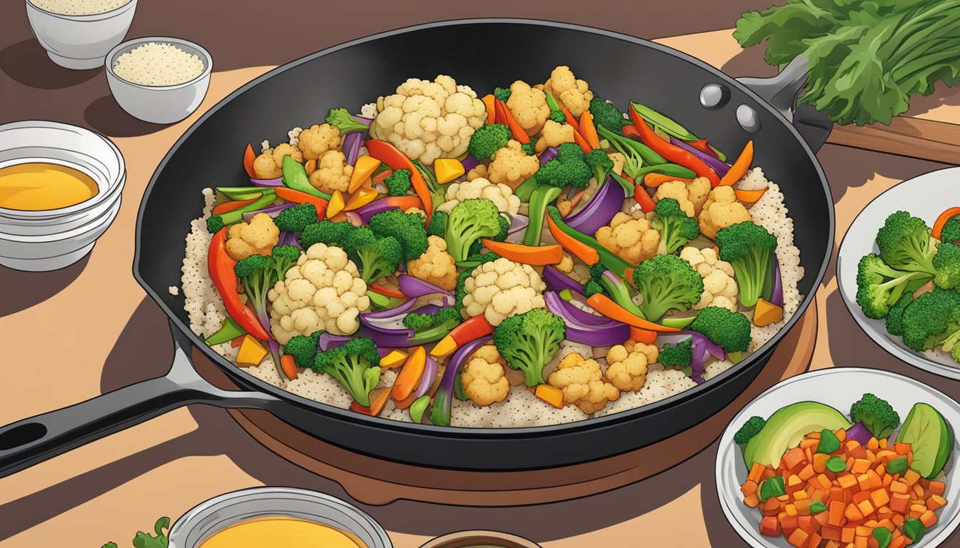 A colorful stir-fry sizzling in a hot pan, with cauliflower rice, vibrant vegetables, and savory seasonings, ready to be served