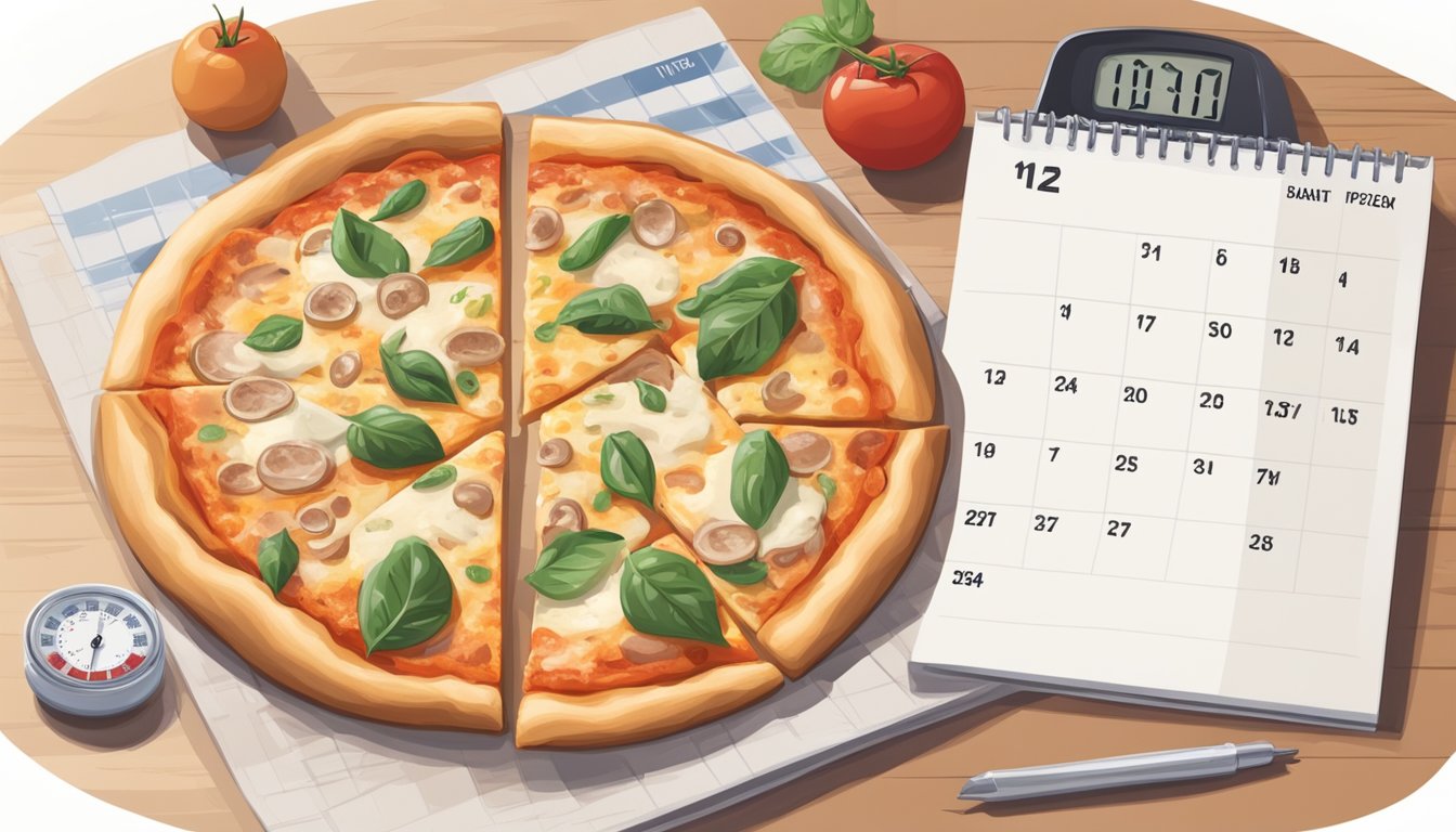 A cheese pizza sits on a kitchen counter next to a calendar, a thermometer, and a slice of pizza in a plastic container