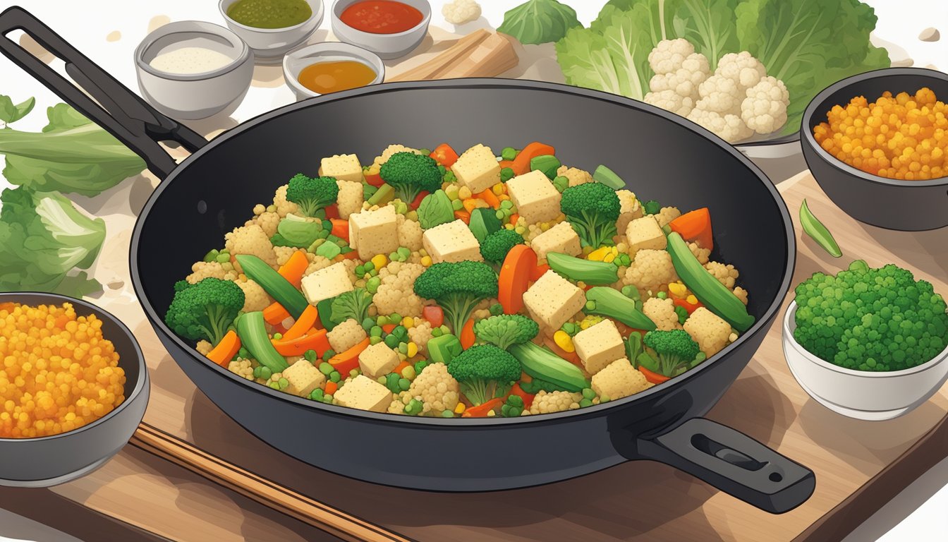 A colorful stir-fry of cauliflower rice, mixed vegetables, and tofu sizzling in a wok, with various seasonings and sauces nearby