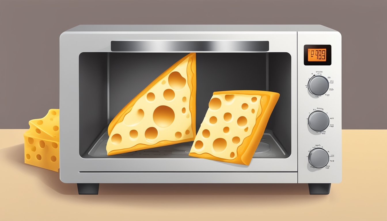 A slice of cheese pizza on a plate, being heated in a microwave