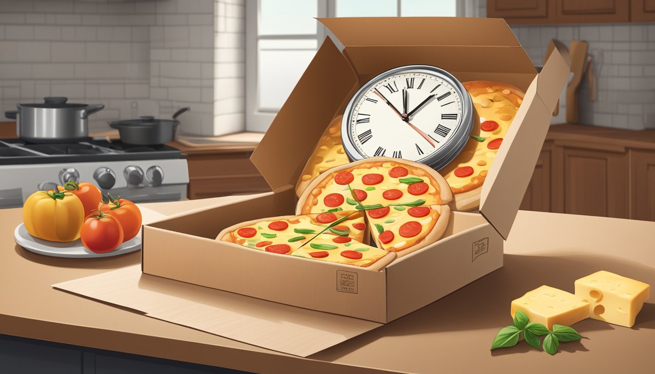 A cheese pizza sits in a cardboard box on a kitchen counter, with a clock in the background indicating the passage of time