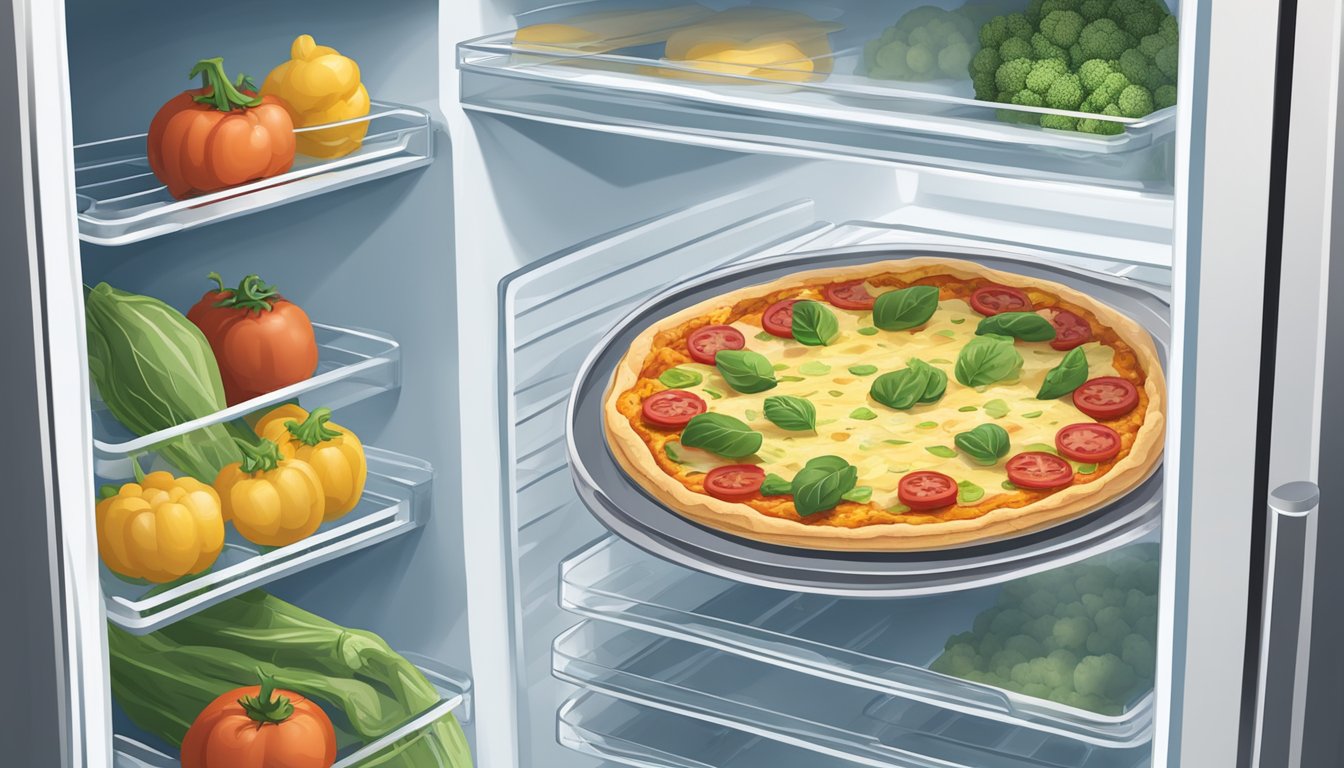 A sealed container holds a freshly made cauliflower crust veggie pizza, stored in the refrigerator