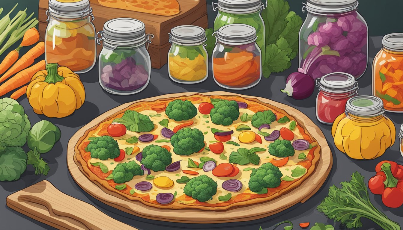 A cauliflower crust veggie pizza sits on a shelf, surrounded by jars of preserved ingredients. The pizza is covered in colorful vegetables and looks fresh