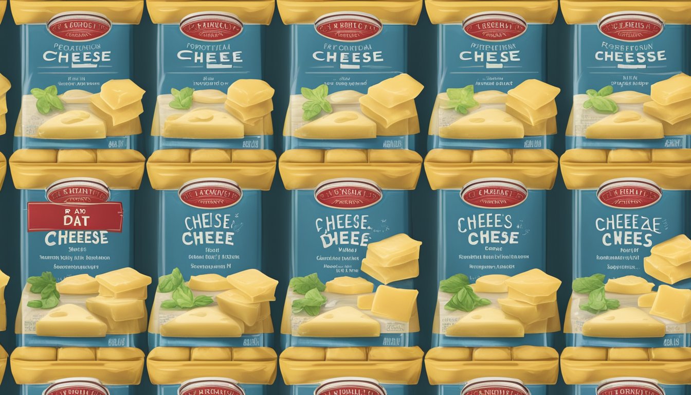 A stack of cheese ravioli packages arranged in a neat row on a pantry shelf, with a label indicating the expiration date