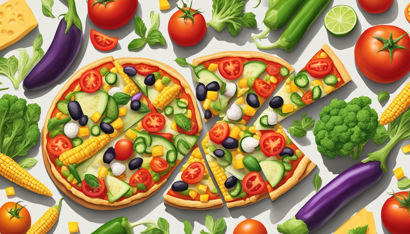 A colorful array of fresh vegetables arranged on a cauliflower crust pizza, with vibrant red tomatoes, green peppers, and golden corn