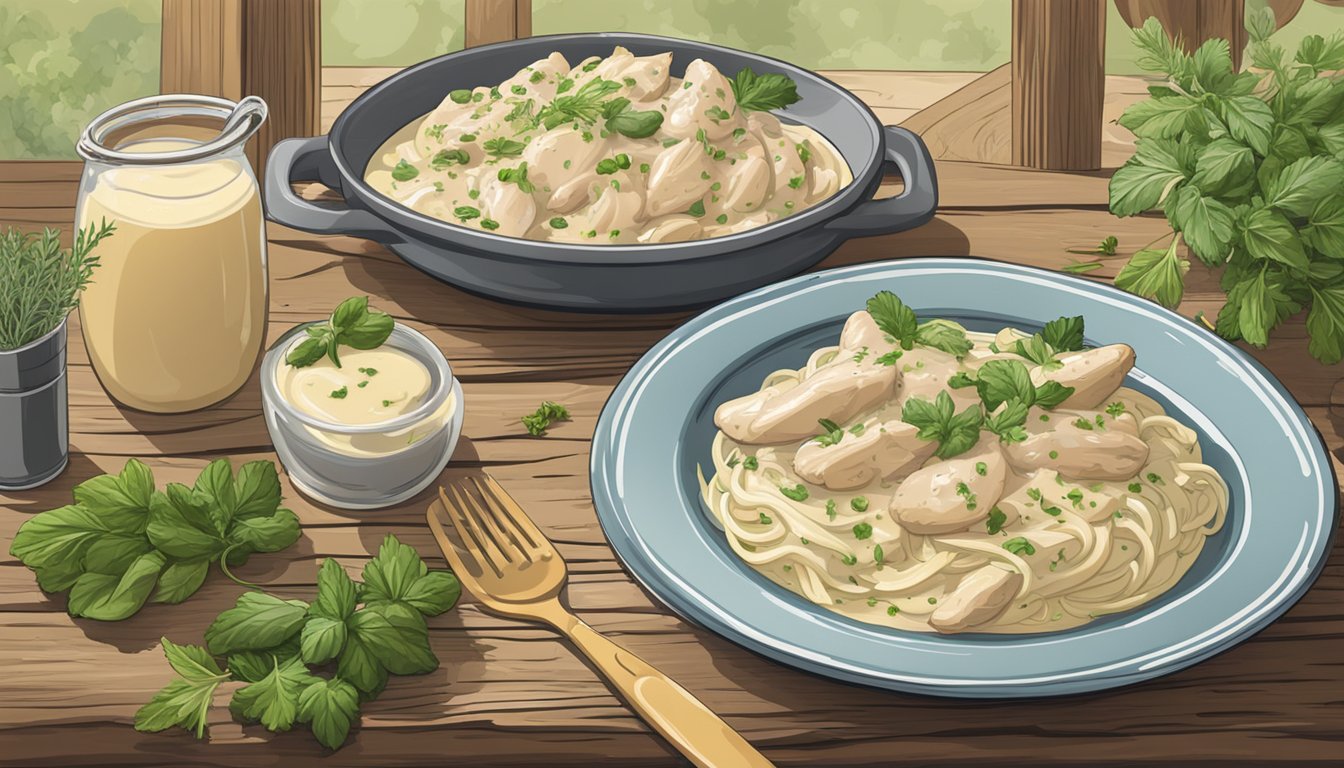 A steaming plate of Chicken Alfredo sits on a rustic wooden table, surrounded by fresh herbs and a creamy sauce