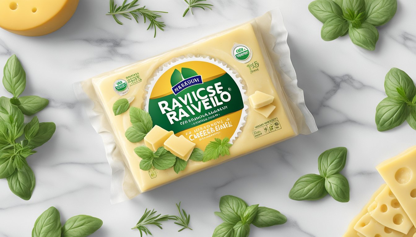 A package of cheese ravioli sits on a clean, white marble countertop, surrounded by fresh herbs and a wheel of parmesan