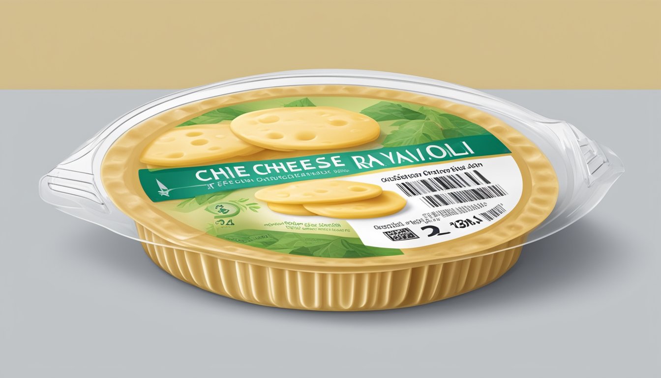 A package of cheese ravioli sits in a refrigerator, with a clear expiration date label visible on the packaging