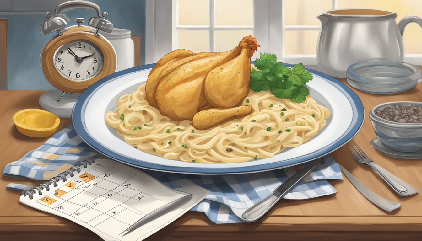 A plate of chicken alfredo sits on a kitchen counter, surrounded by a calendar and a clock, with the chicken beginning to show signs of spoilage