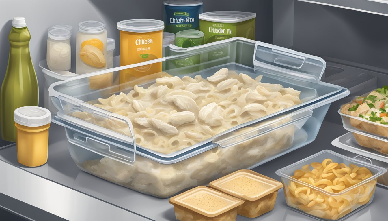 A sealed container of chicken alfredo sits in a refrigerator, surrounded by other food items. The date of preparation is labeled on the container