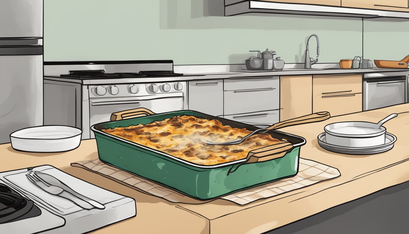 A pan of moldy lasagna sits on a countertop, with visible signs of spoilage and potential health risks