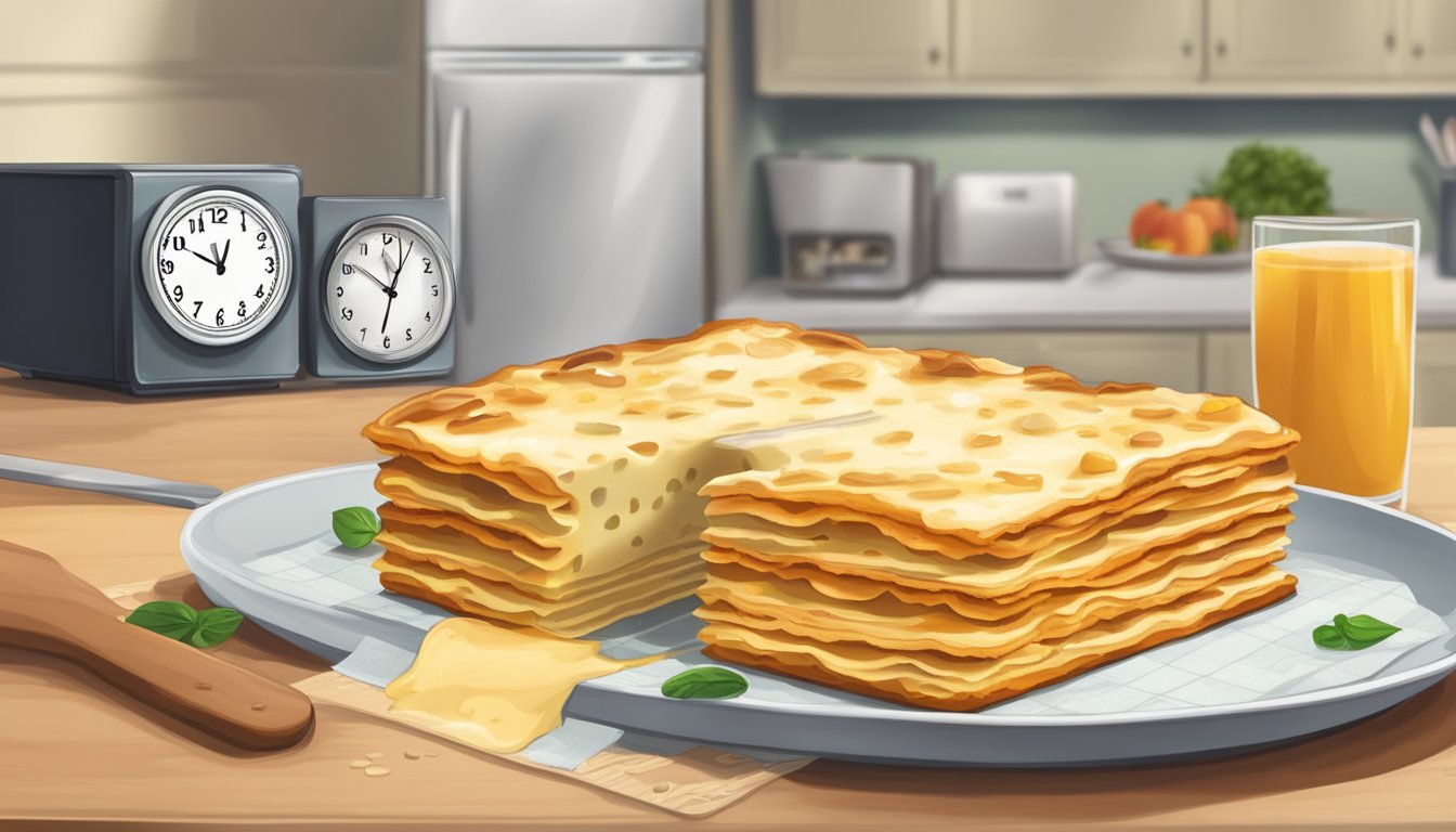 A freshly baked cheese lasagna sits on a kitchen counter next to a calendar, a refrigerator, and a clock