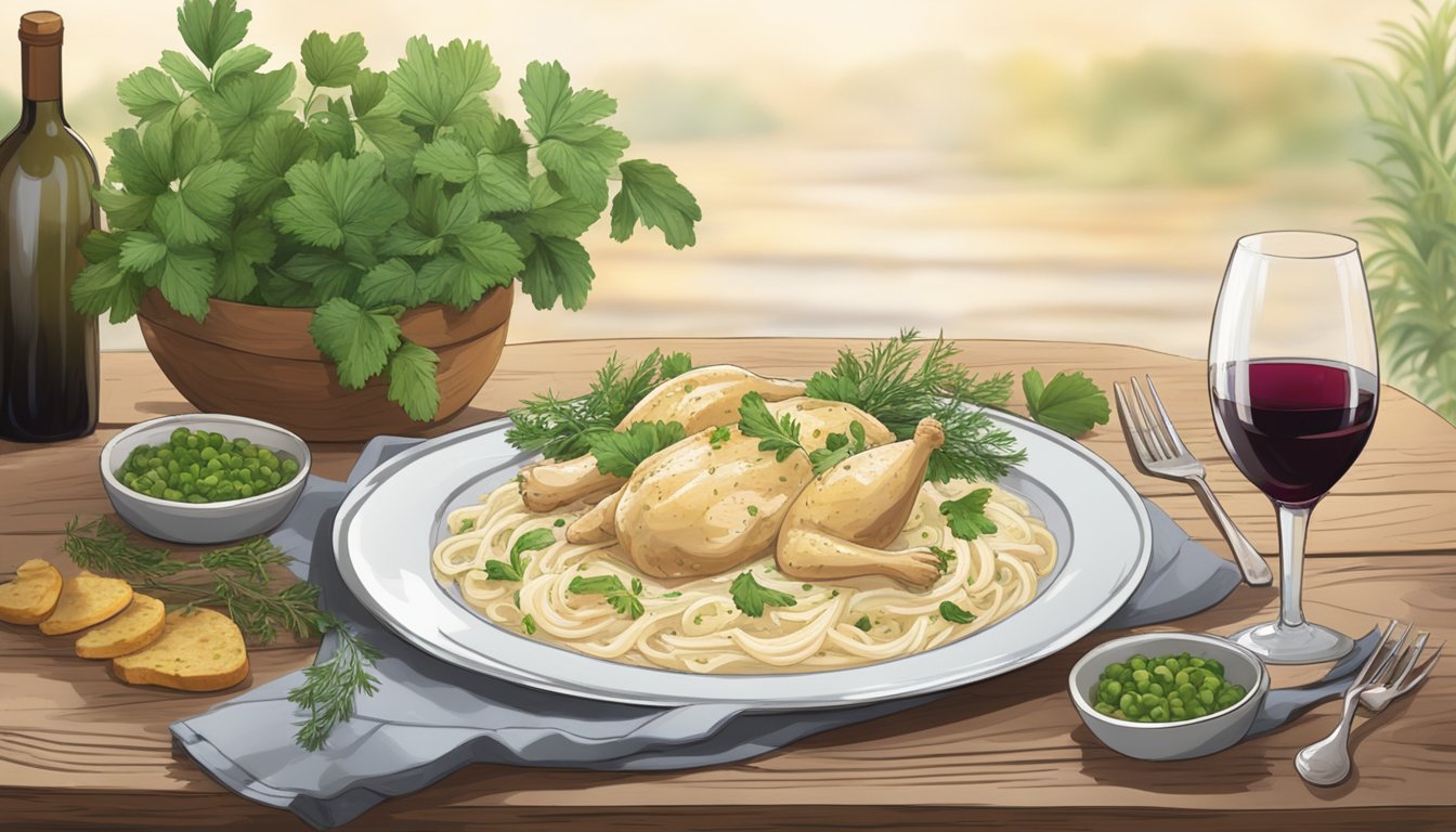 A steaming plate of Chicken Alfredo sits on a rustic wooden table, surrounded by scattered herbs and a half-filled glass of wine