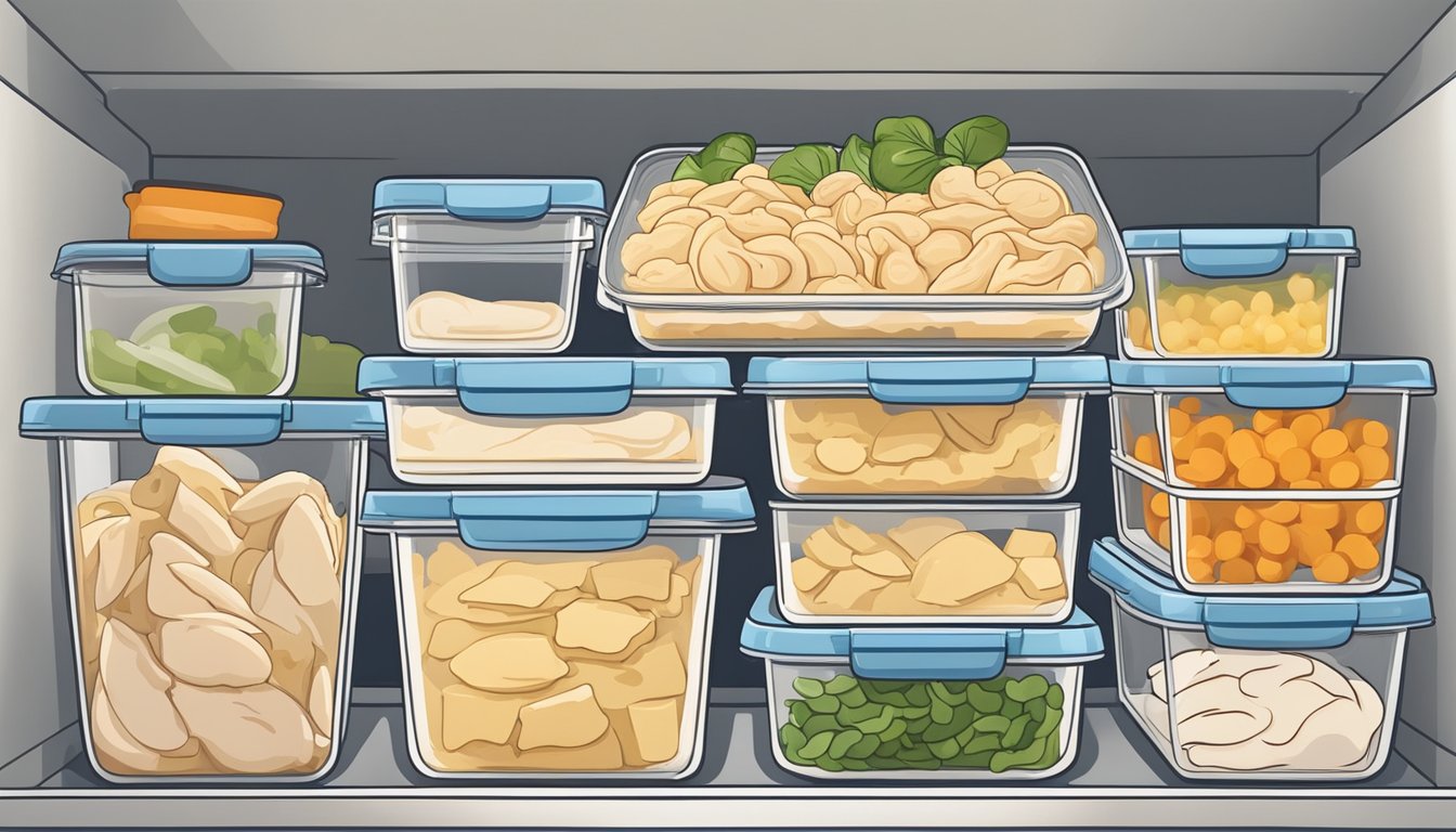 A container of chicken alfredo sits in the fridge next to neatly organized meal prep containers filled with various portions of food