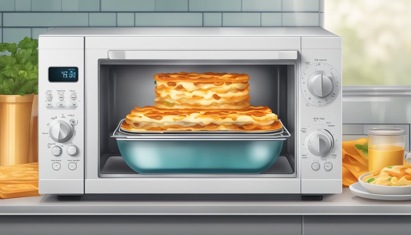 A microwave with a plate of frozen lasagna inside, a timer set for reheating, and steam rising from the hot dish