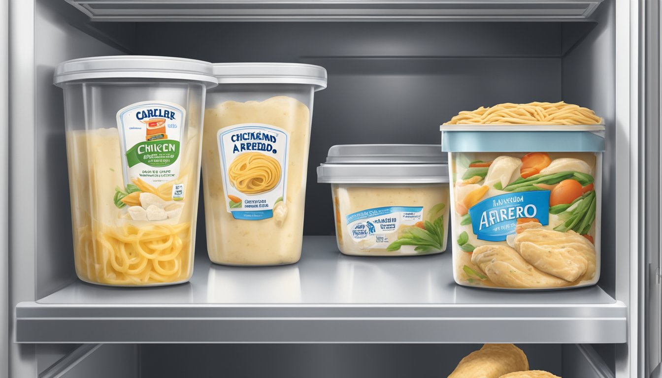 A sealed container of chicken alfredo sits in a refrigerator next to other food items. The date on the container indicates when it was prepared