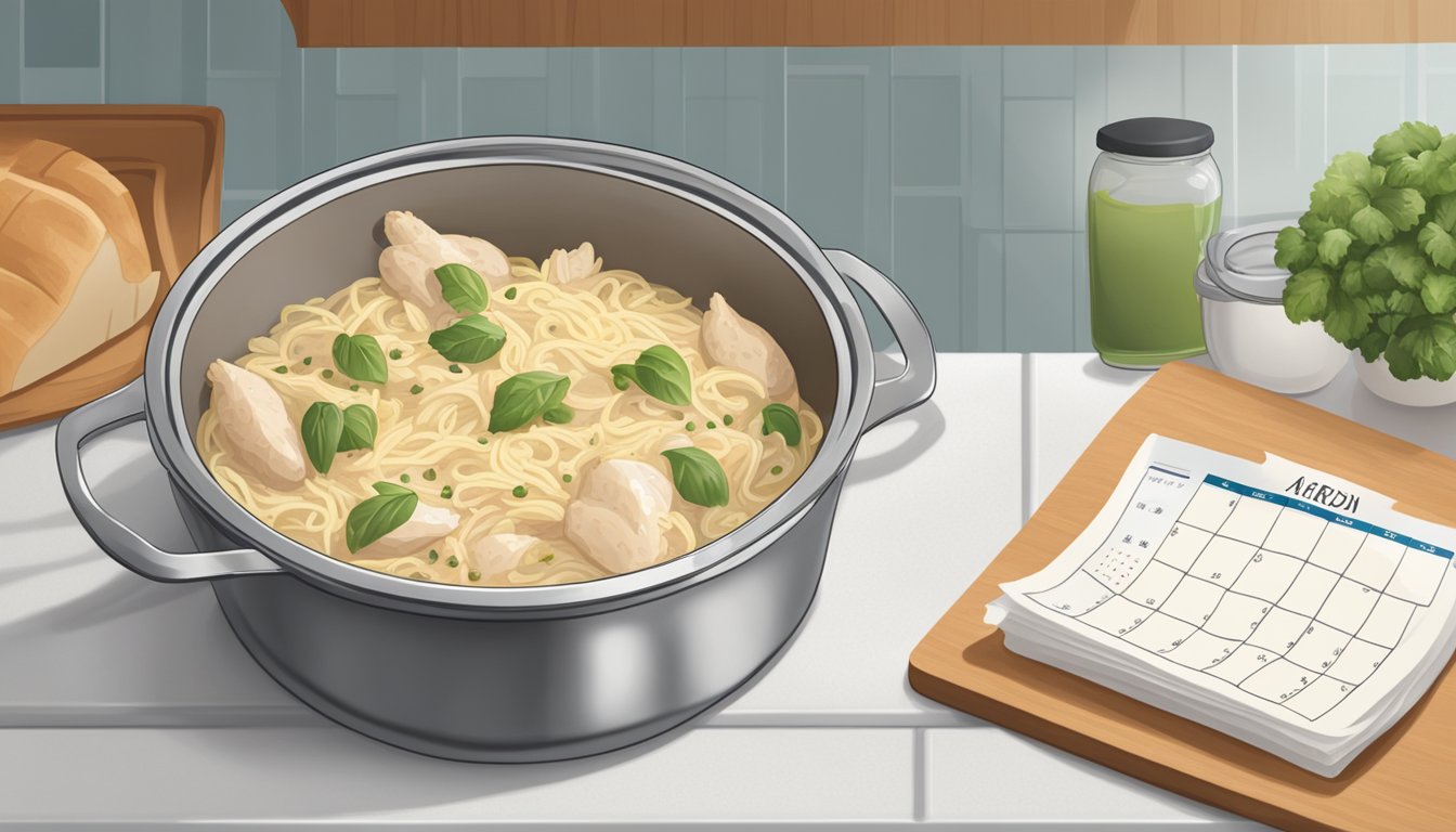 A pot of chicken alfredo sits on a kitchen counter, covered with a lid. A calendar on the wall shows the current date