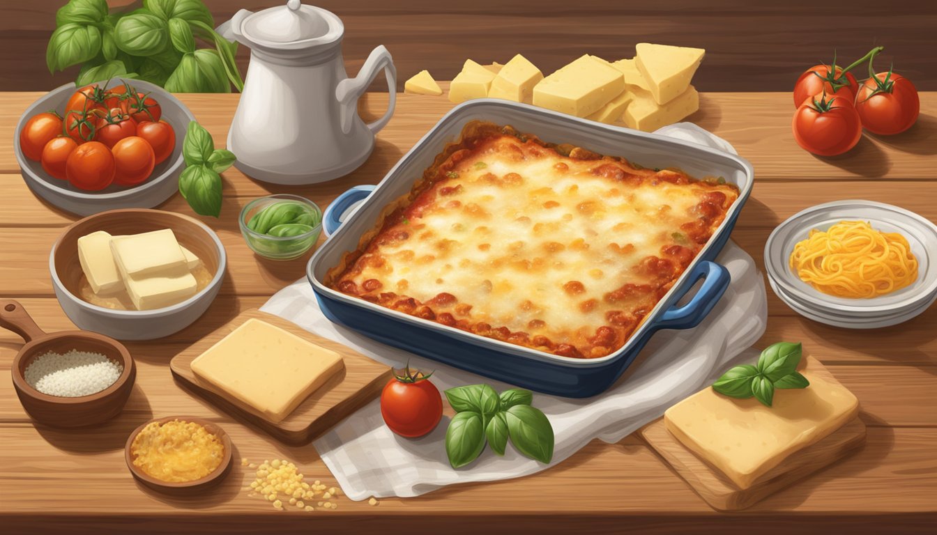 A freshly baked cheese lasagna sits on a wooden table, steam rising from the golden brown surface. A variety of lasagna ingredients like tomatoes, basil, and cheese are scattered around the dish