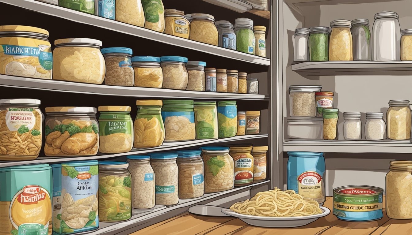 A jar of non-pasta chicken alfredo sits on a kitchen shelf, surrounded by other canned and packaged foods