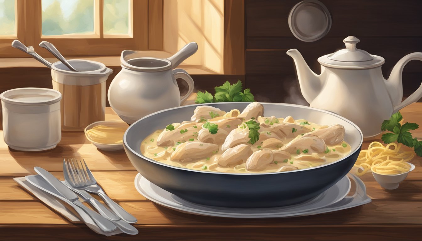 A steaming bowl of chicken alfredo sits on a wooden table, surrounded by empty plates and utensils. The creamy sauce glistens under the warm light, tempting the viewer with its savory aroma