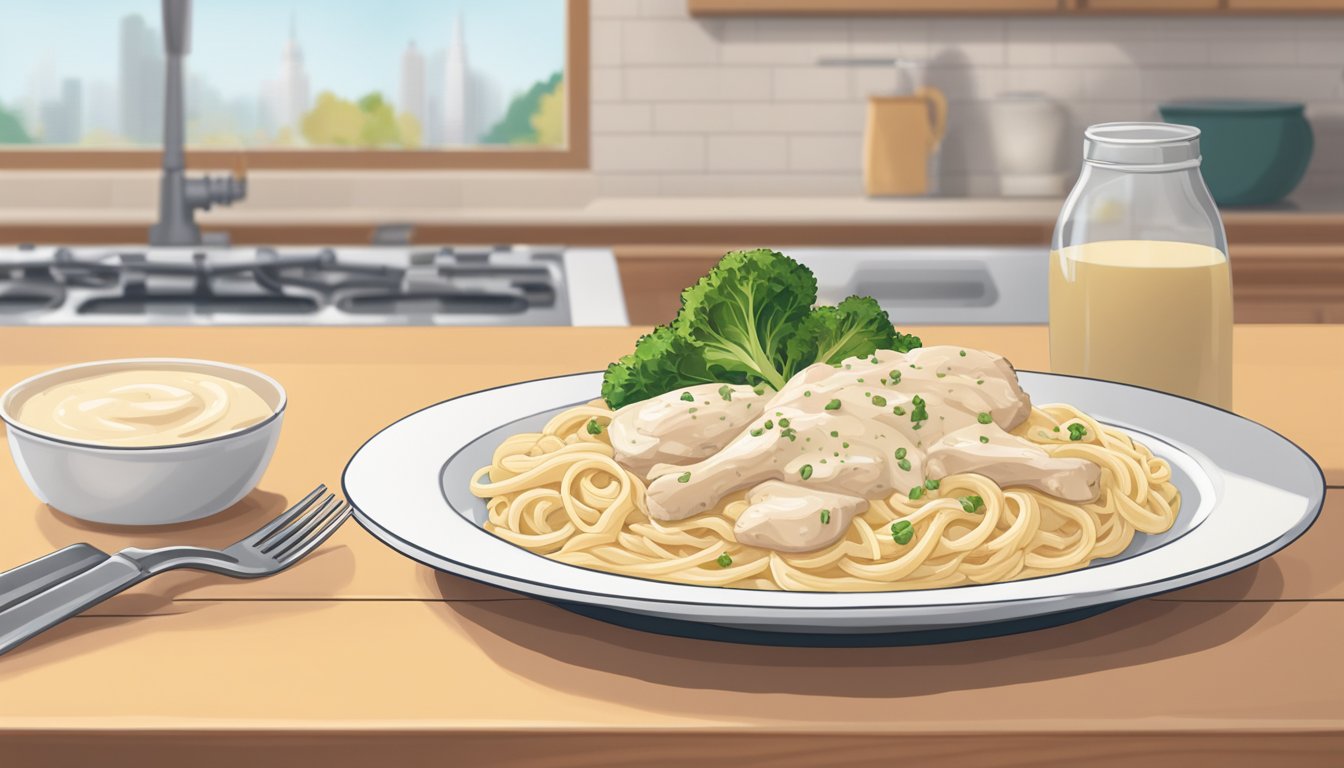 A plate of chicken alfredo sits on a kitchen counter. The creamy sauce is starting to separate, and the chicken has a slightly off smell