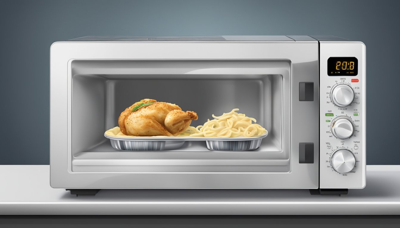 A microwave with a plate of chicken alfredo inside, a timer set for reheating, steam rising from the dish