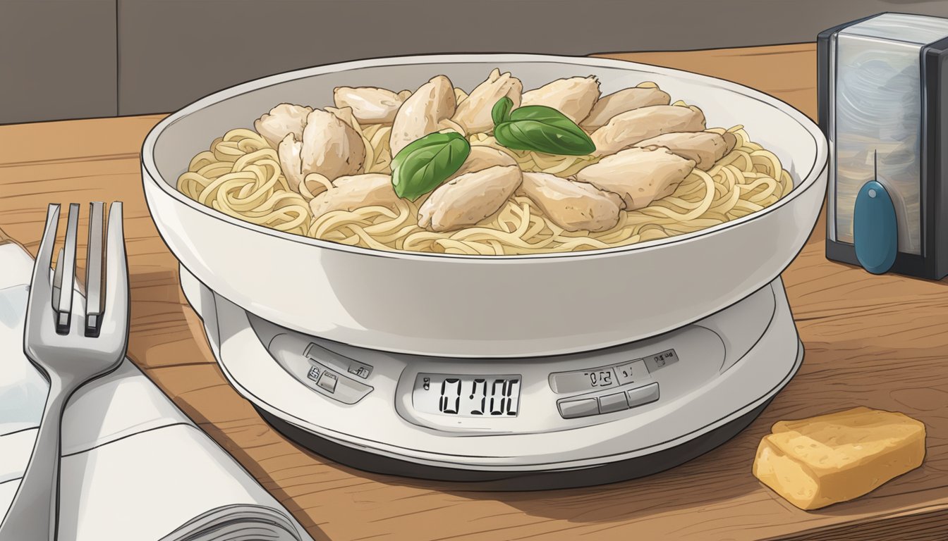 A bowl of chicken alfredo sits on a table with a timer showing the time passing, indicating the shelf life of the dish