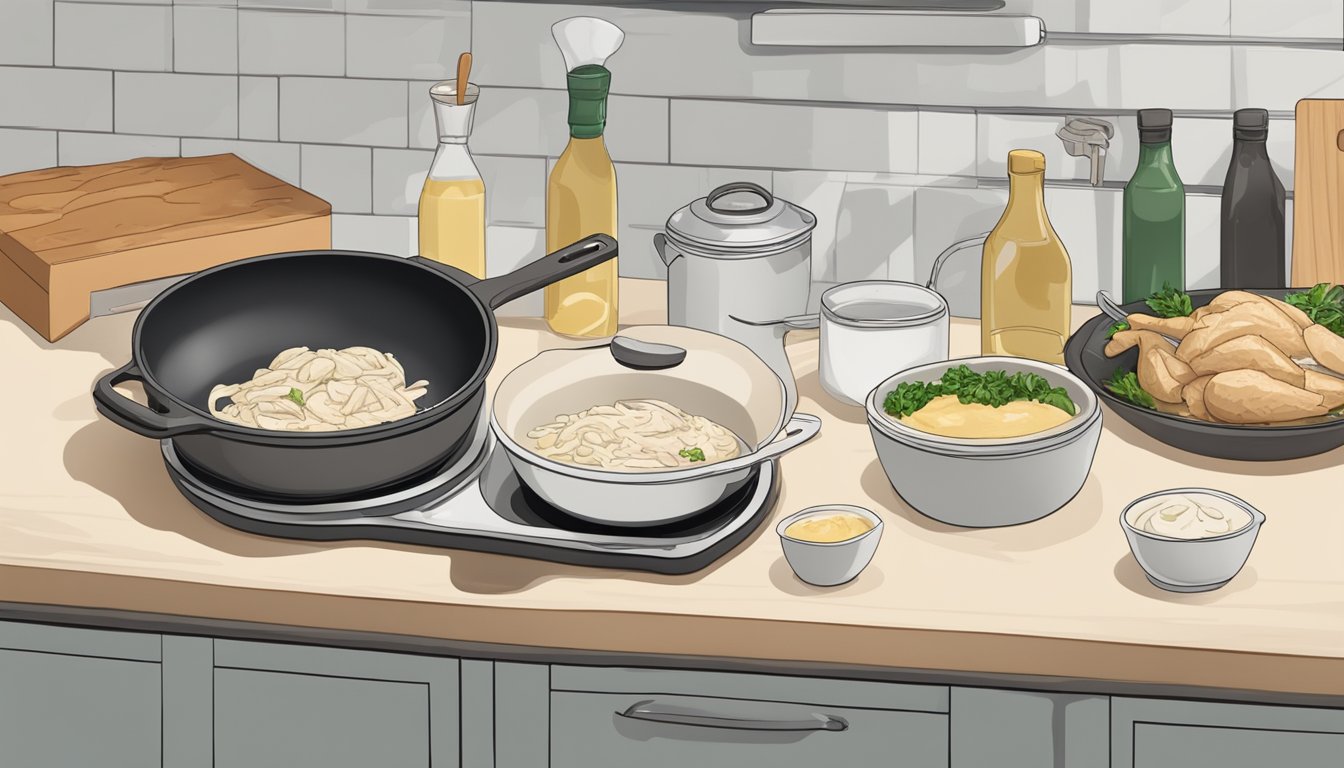 A kitchen counter with prepped ingredients, a cutting board, a pot of boiling water, and a skillet with cooked chicken alfredo sauce