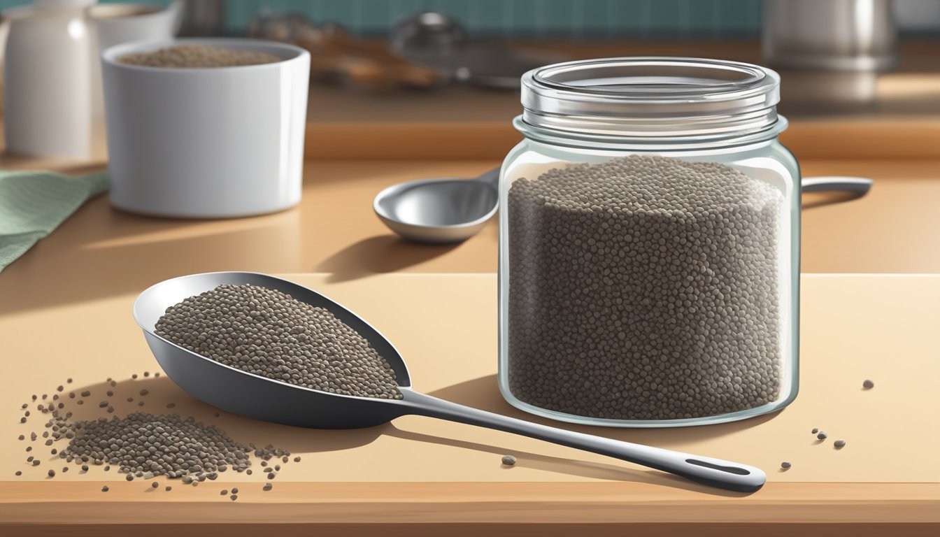 A clear glass jar filled with chia seed powder sits on a kitchen counter, next to a measuring spoon and a small pile of spilled seeds. A calendar hangs on the wall, with a date circled in red