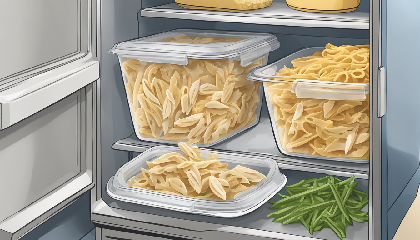 A sealed container of chicken alfredo with penne sits in a refrigerator next to other leftovers