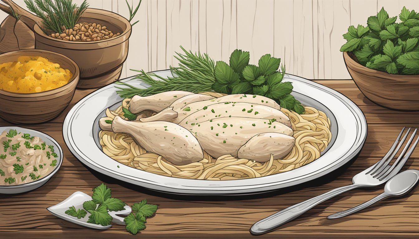 A steaming plate of chicken alfredo sits on a rustic wooden table, surrounded by herbs and spices. A fork rests beside the dish, ready to be used