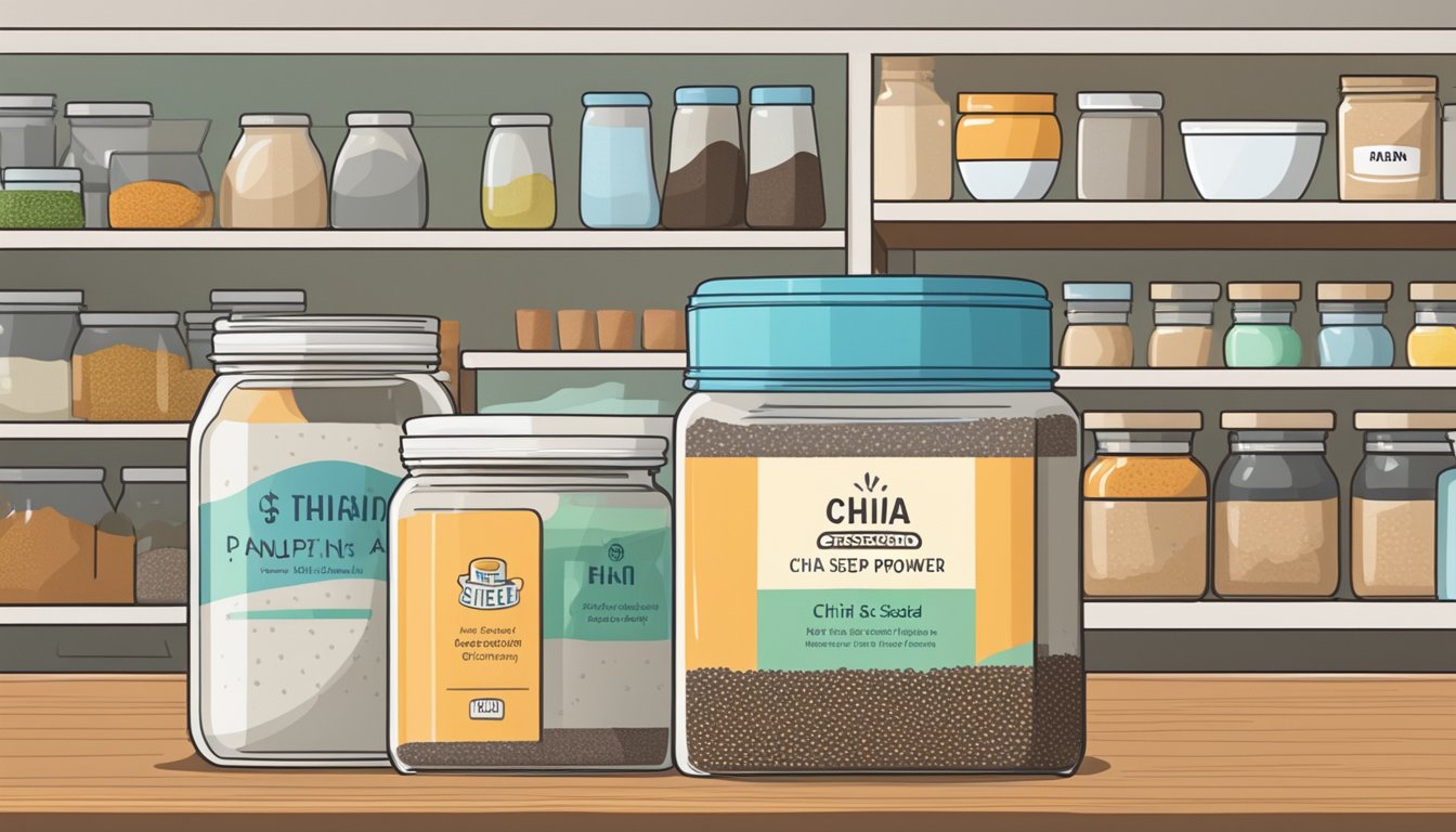 A jar of chia seed powder sits on a kitchen shelf, surrounded by other pantry items. The label on the jar indicates the expiration date