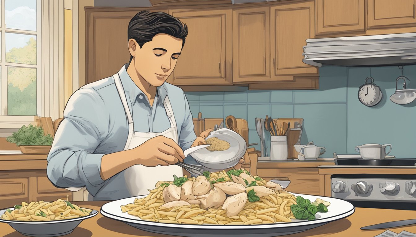 A plate of chicken alfredo with penne sits on a kitchen counter, surrounded by a calendar and a clock, as someone examines it closely