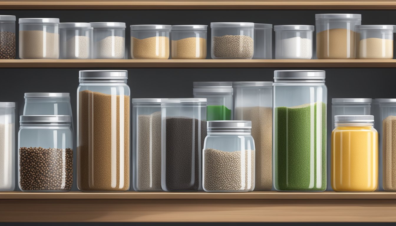 A sealed container of chia seed powder on a pantry shelf, away from direct sunlight and moisture