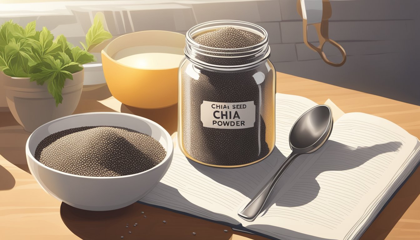 A jar of chia seed powder sits on a kitchen counter, next to a measuring spoon and a recipe book. Rays of sunlight illuminate the scene