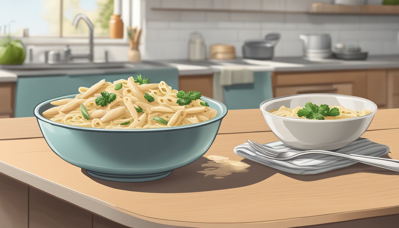 A bowl of chicken alfredo with penne sits on a kitchen counter, surrounded by a faint odor and mold growing on the edges of the dish