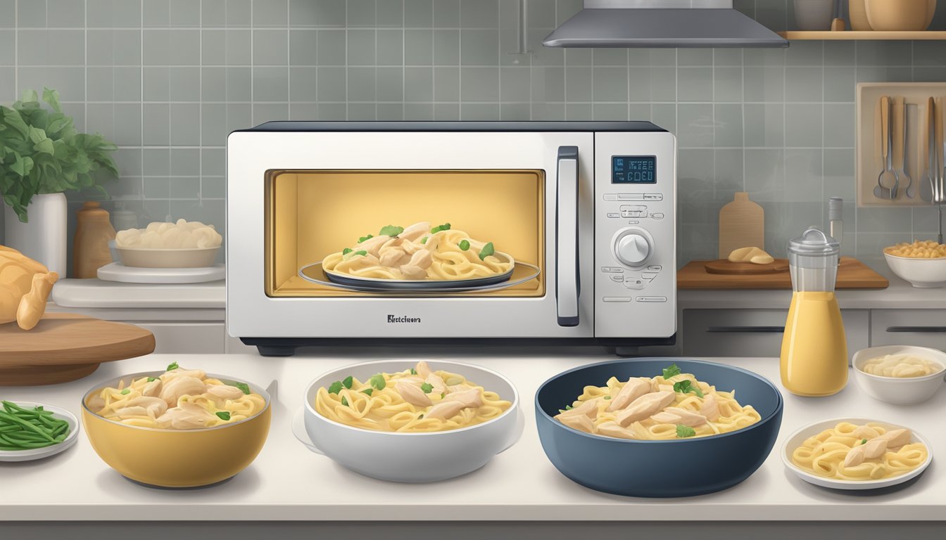 A steaming bowl of chicken alfredo with penne sits on a kitchen counter, surrounded by a microwave and a timer set for reheating