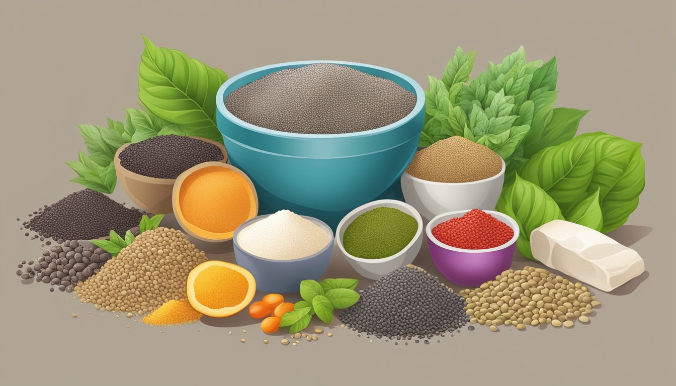 A vibrant illustration of chia seed powder surrounded by various superfoods, emphasizing its long-lasting properties