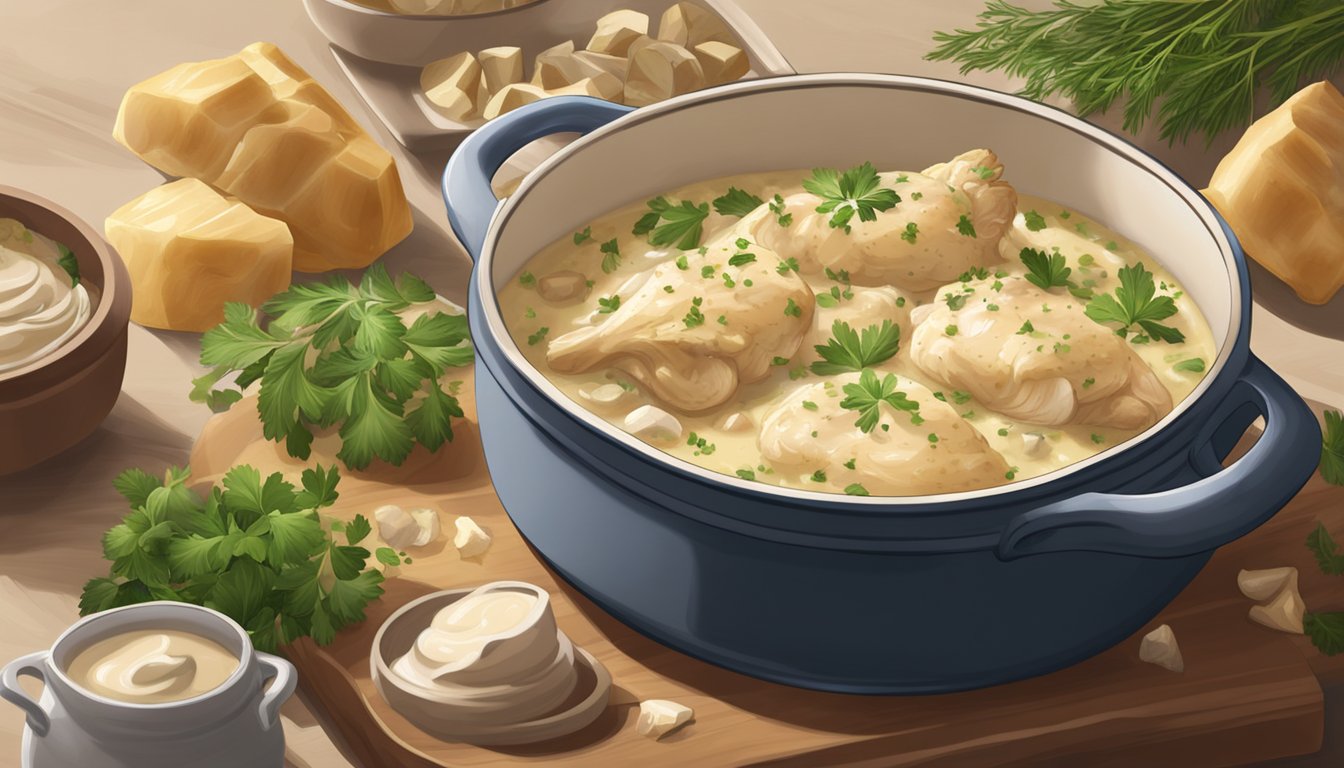 A steaming casserole dish filled with chunks of tender chicken, artichoke hearts, and creamy sauce, surrounded by fresh herbs and spices