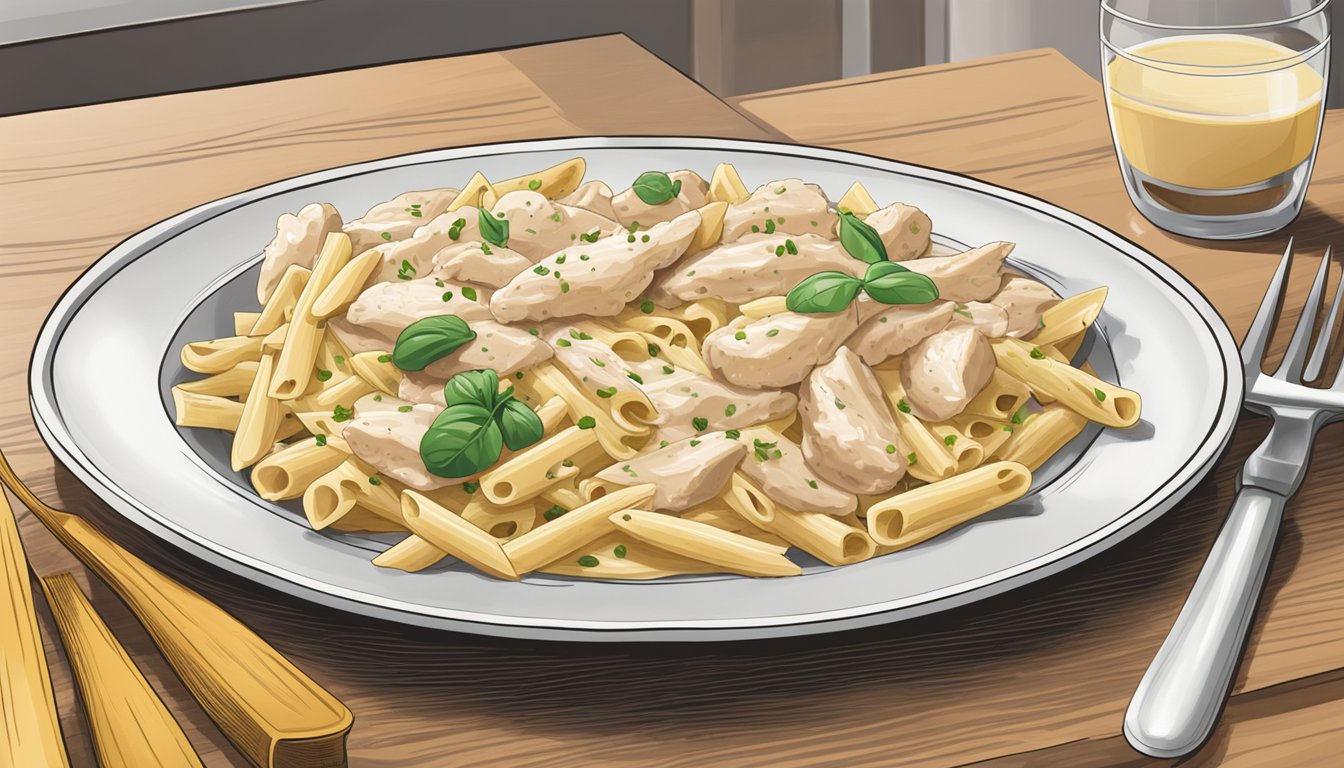 A plate of chicken alfredo with penne sits on a kitchen counter, covered with a lid to prevent contamination