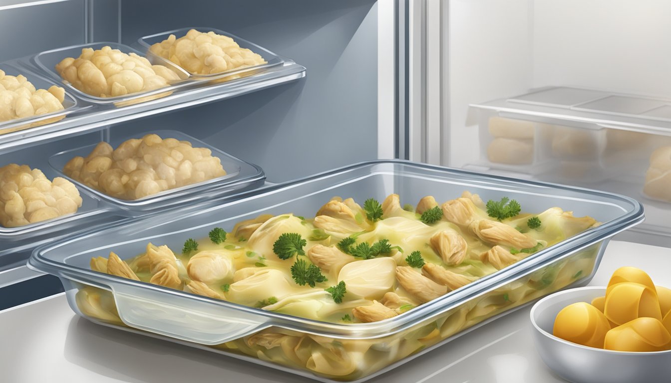 A chicken and artichoke casserole is being placed in an airtight container and stored in the refrigerator