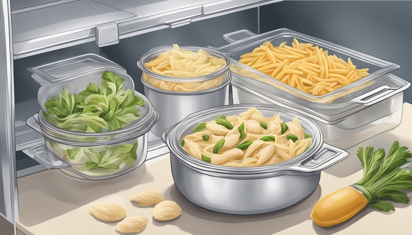 A chef prepares chicken alfredo with penne, then stores it in airtight containers in the refrigerator