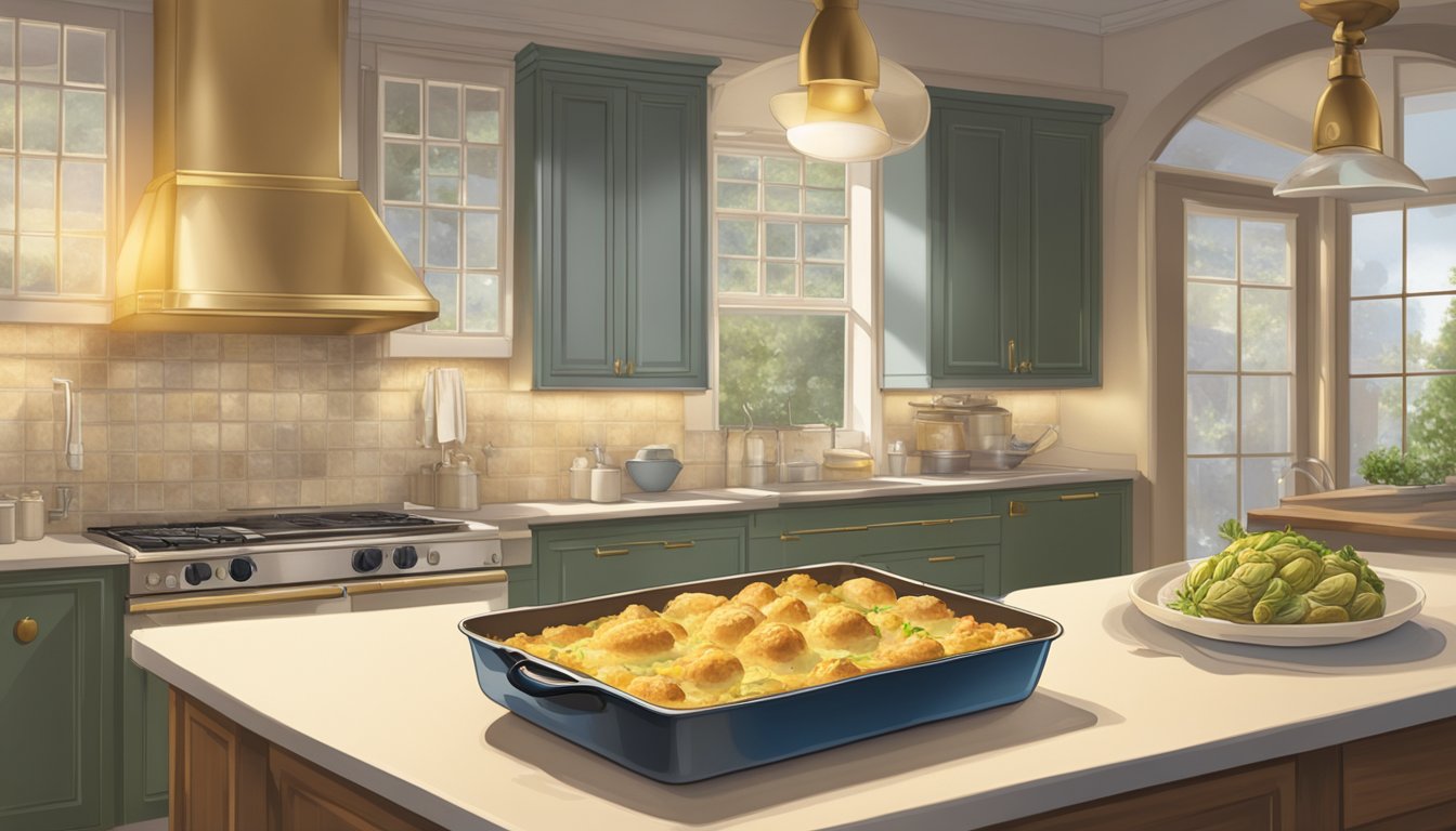 A freshly baked chicken and artichoke casserole sits on a kitchen counter, steam rising from its golden crust. A clock on the wall shows the time passing