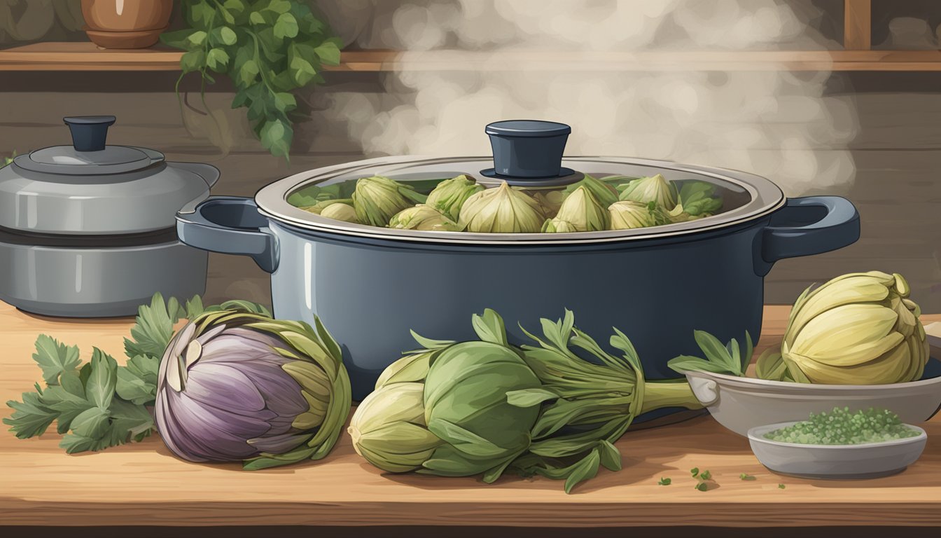 A steaming casserole dish sits on a rustic table, surrounded by artichokes and herbs. A timer on the stove indicates the dish has just finished reheating