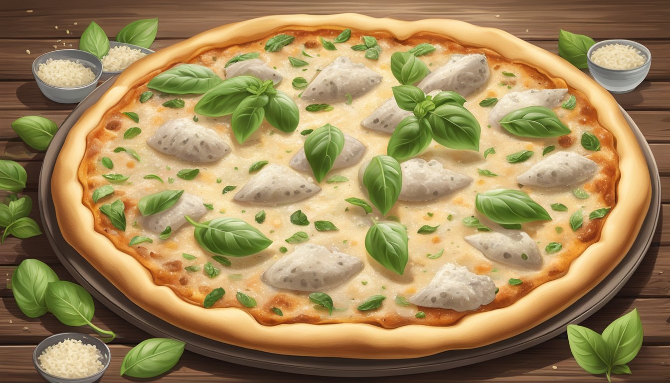 A steaming chicken alfredo pizza sits on a rustic wooden table, surrounded by scattered basil leaves and a dusting of grated parmesan cheese